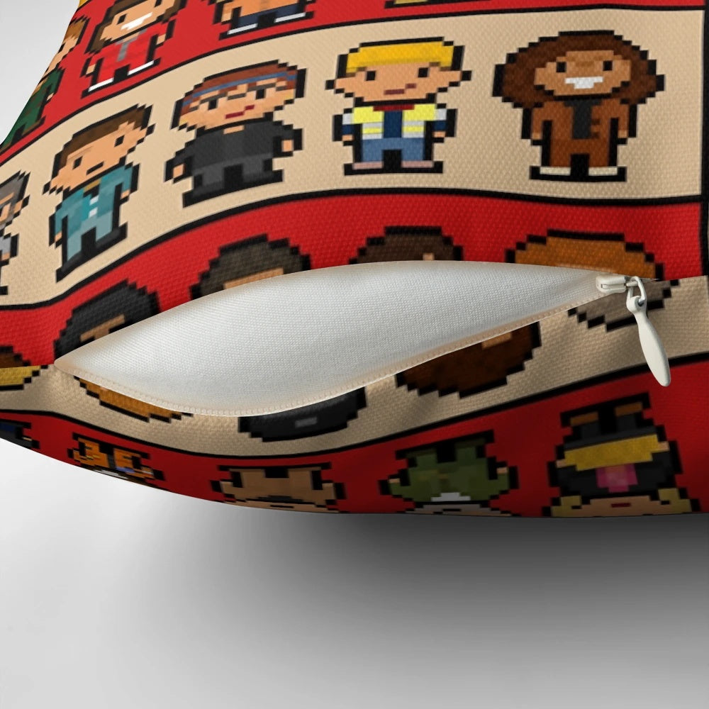 Pixel art Taskmaster display essential pillow with a square graphic design