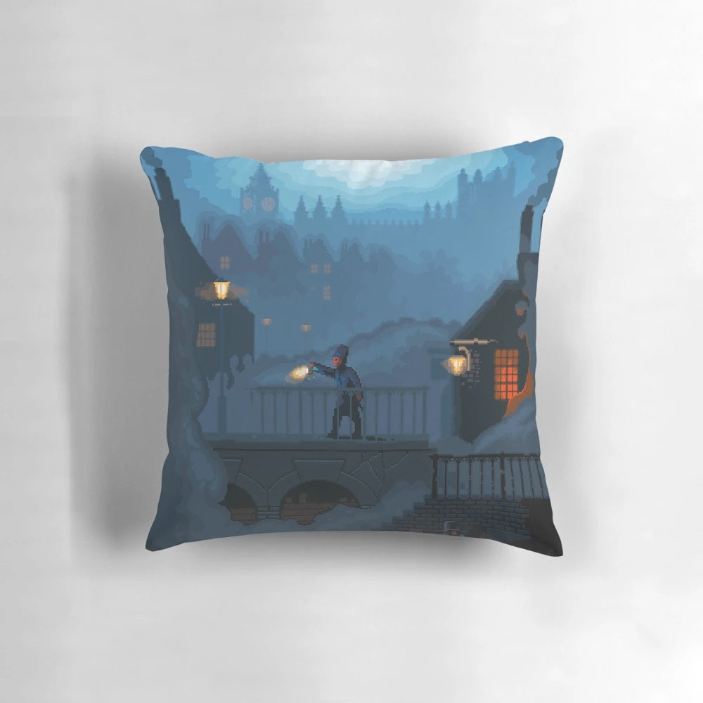 Pixel art pillow depicting a foggy London street with a Jack the Ripper-inspired scene