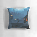 Pixel art pillow depicting a foggy London street with a Jack the Ripper-inspired scene