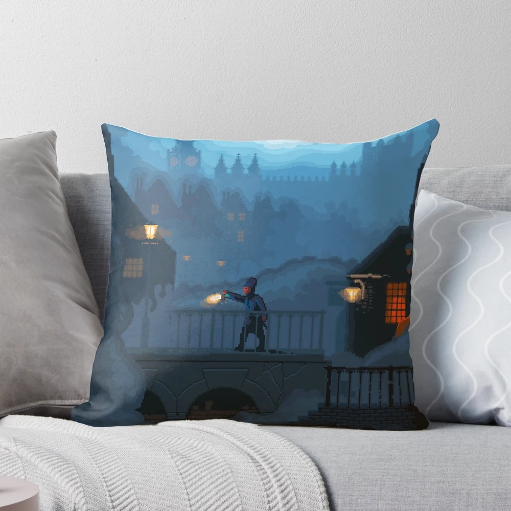 Pixel art pillow depicting a foggy London street with a Jack the Ripper-inspired scene
