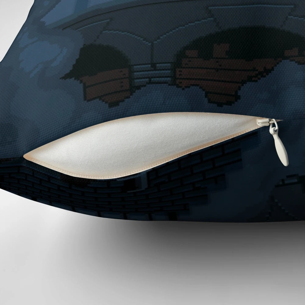 Pixel art pillow depicting a foggy London street with a Jack the Ripper-inspired scene