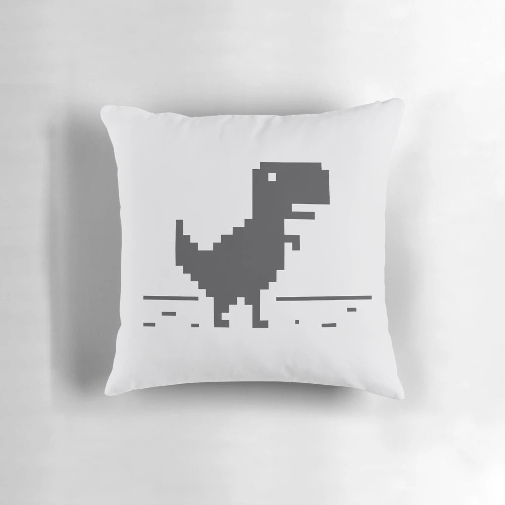 Pixelated dinosaur character pillow inspired by the hidden Chrome browser game