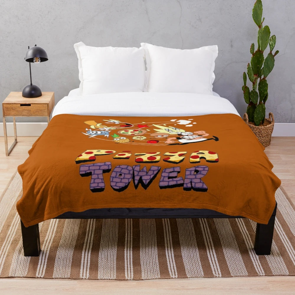 Pizza Tower Peppino Plush Blanket featuring the iconic leaning pizza tower and game characters