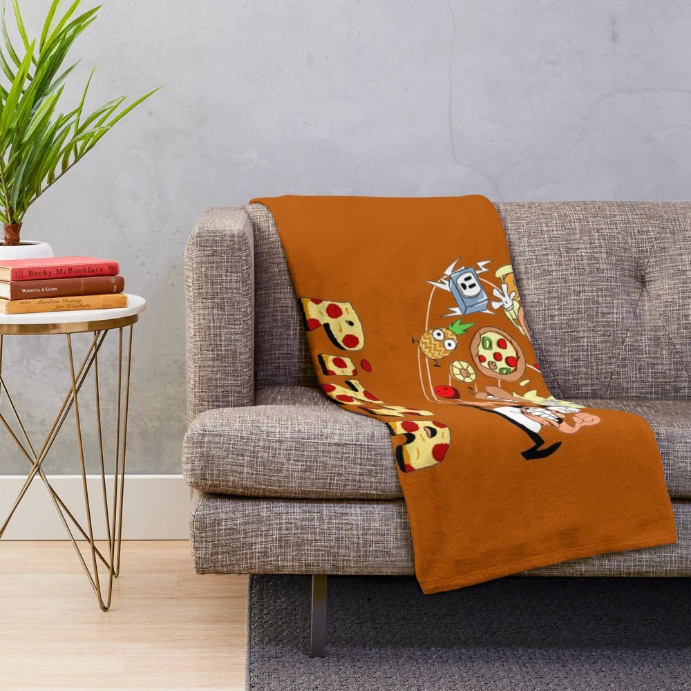 Pizza Tower Peppino Plush Blanket featuring the iconic leaning pizza tower and game characters