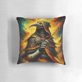 Haunting oil painting of a plague doctor against a medieval backdrop, featured on a custom decorative pillow.