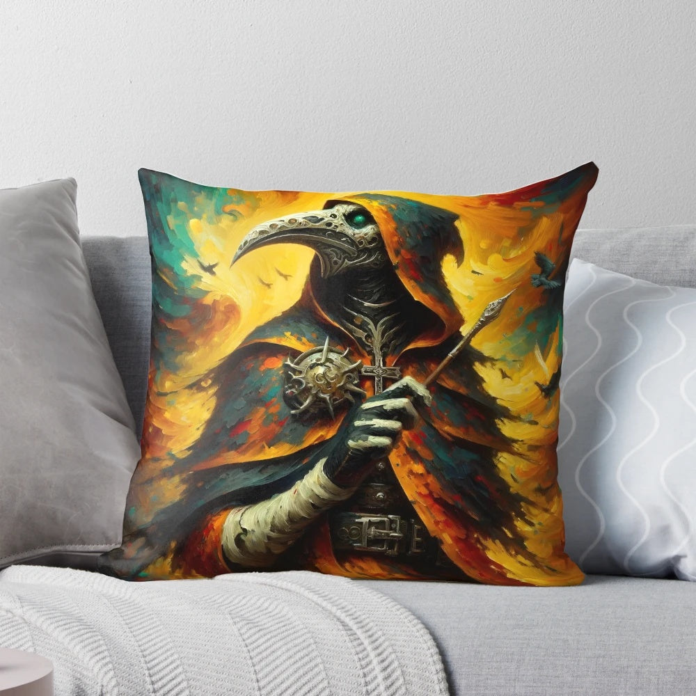 Haunting oil painting of a plague doctor against a medieval backdrop, featured on a custom decorative pillow.