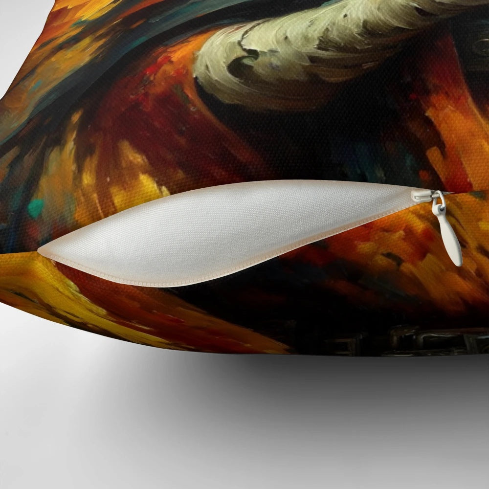 Haunting oil painting of a plague doctor against a medieval backdrop, featured on a custom decorative pillow.