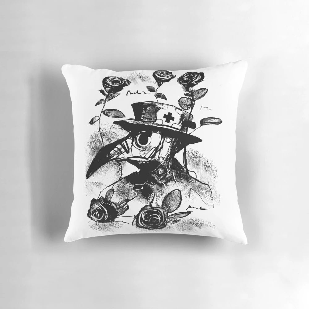 Plague doctor tattoo pillow featuring a masked character and baccara roses