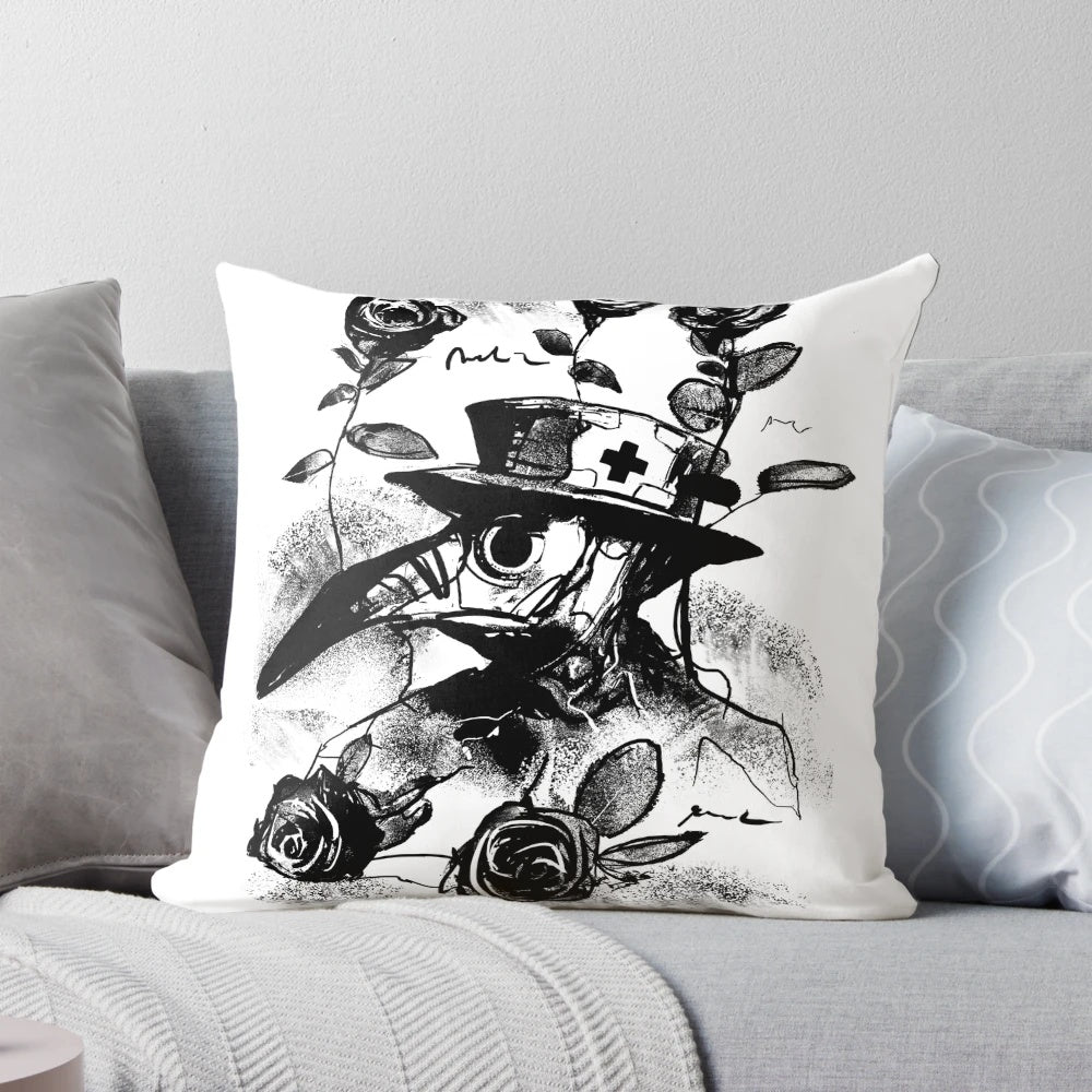 Plague doctor tattoo pillow featuring a masked character and baccara roses