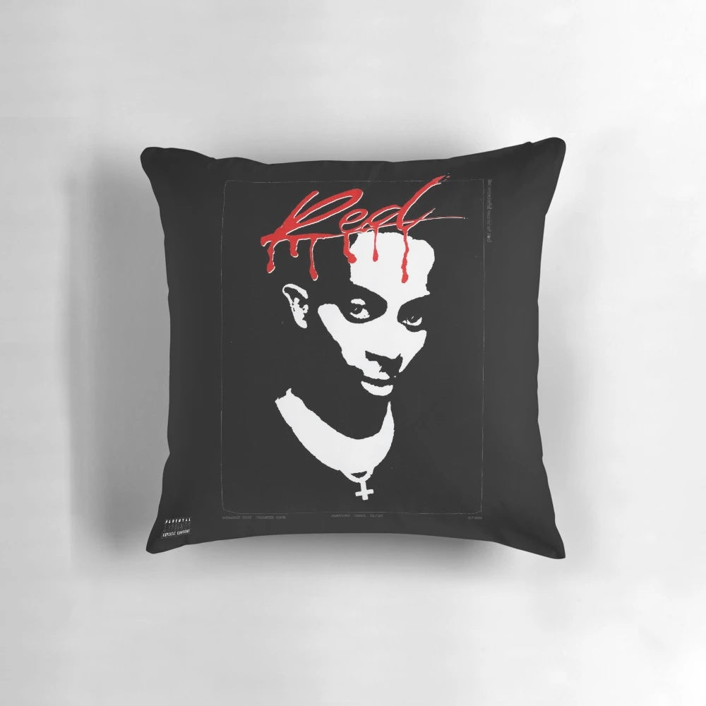Playboi Carti-inspired pillow featuring the Whole Lotta Red album cover design in black and white