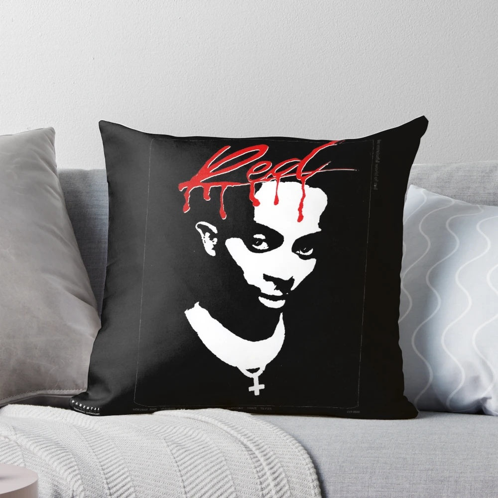 Playboi Carti-inspired pillow featuring the Whole Lotta Red album cover design in black and white