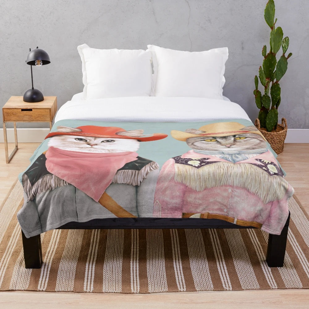 Colorful plush blanket featuring quirky cowboy cats in a maximalist art style