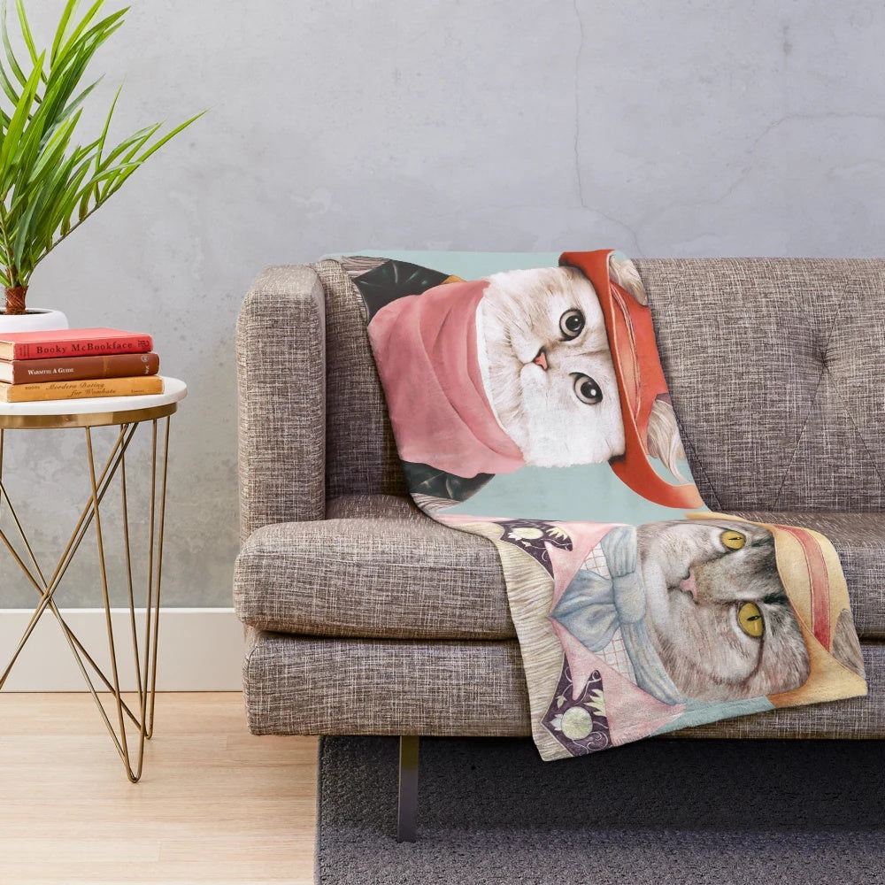 Colorful plush blanket featuring quirky cowboy cats in a maximalist art style