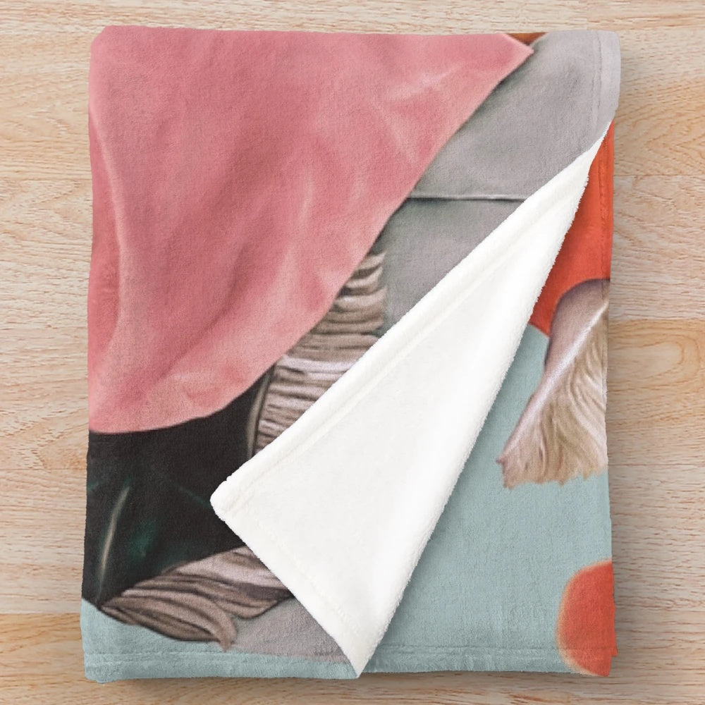Colorful plush blanket featuring quirky cowboy cats in a maximalist art style