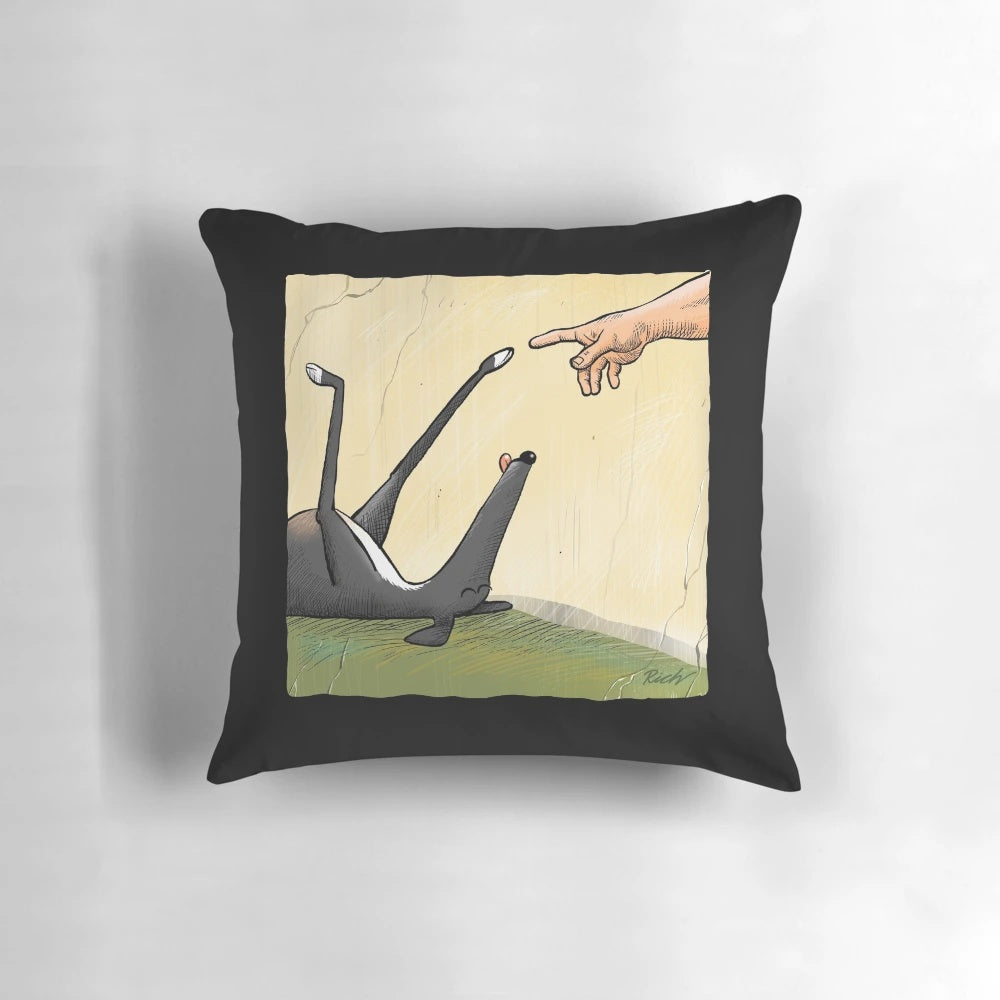 A whimsical pillow featuring a cartoon hand of a dog, designed by artist Rich Skipworth
