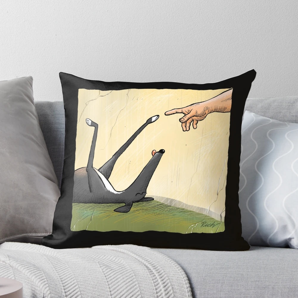A whimsical pillow featuring a cartoon hand of a dog, designed by artist Rich Skipworth