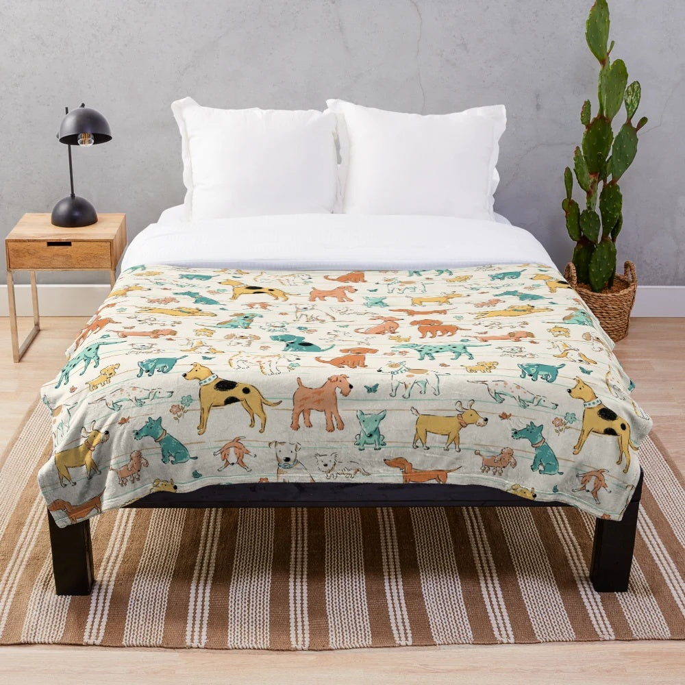Soft and cozy plush blanket with a fun, whimsical dog pattern