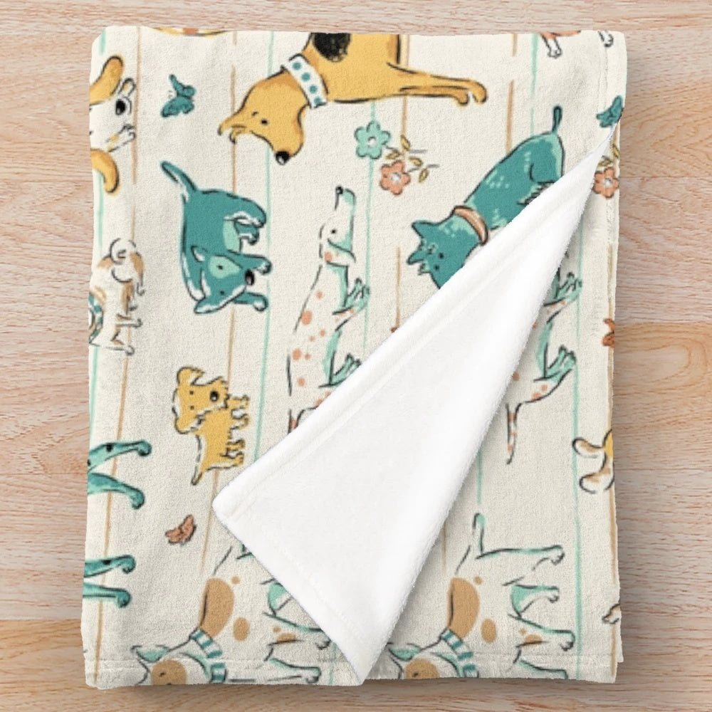 Soft and cozy plush blanket with a fun, whimsical dog pattern
