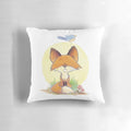 A whimsical illustration of a playful fox and cartoon birds printed on a soft, decorative pillow.
