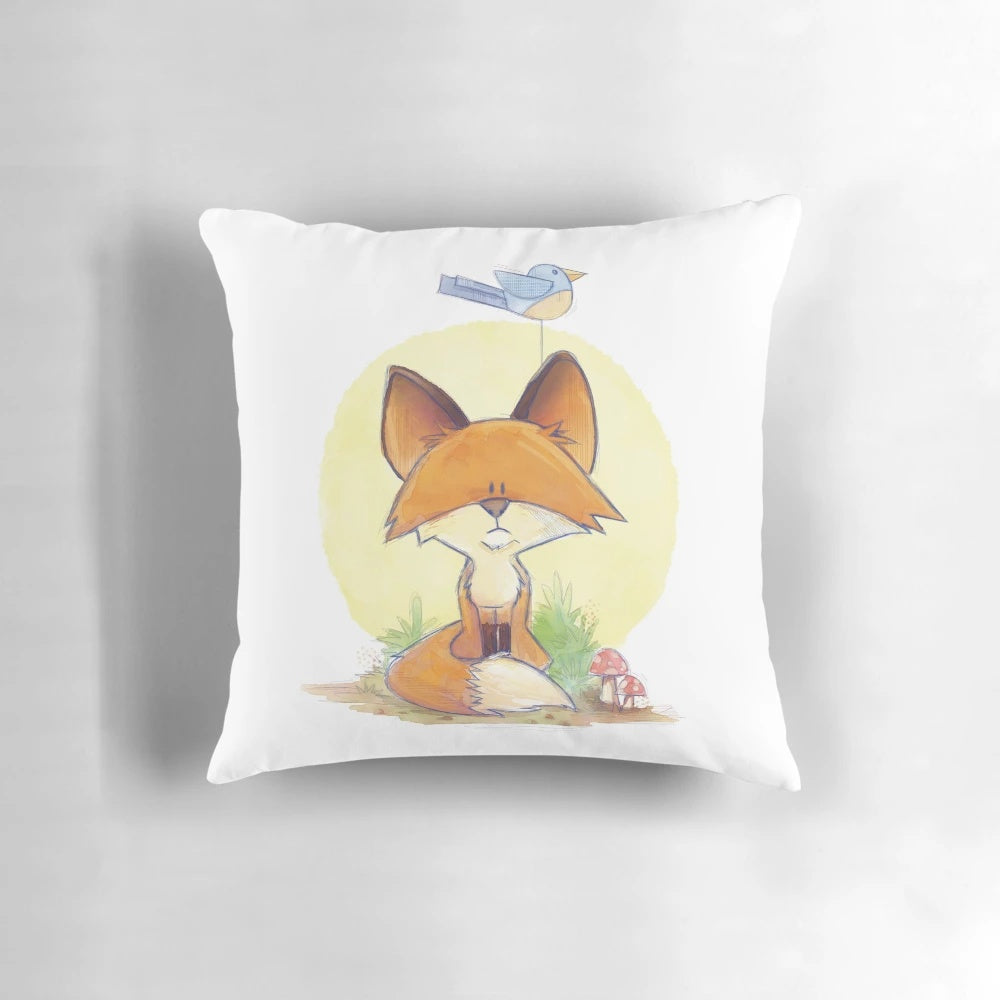A whimsical illustration of a playful fox and cartoon birds printed on a soft, decorative pillow.