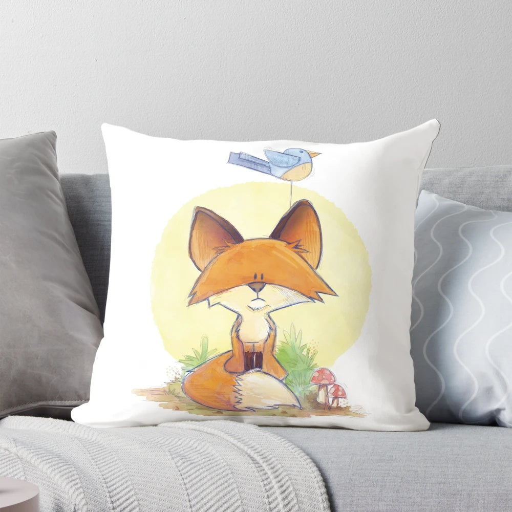 A whimsical illustration of a playful fox and cartoon birds printed on a soft, decorative pillow.