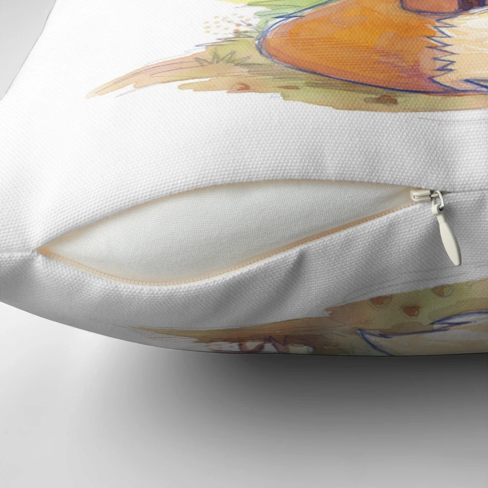 A whimsical illustration of a playful fox and cartoon birds printed on a soft, decorative pillow.