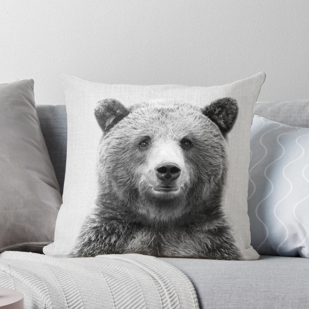 Monochrome portrait of a grizzly bear in a natural setting, perfect for a modern nursery or child's room.