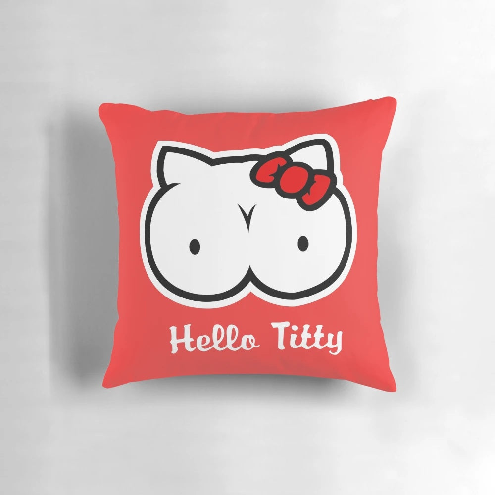 Heart-shaped Hello Titty pillow, a playful and humorous gift for women