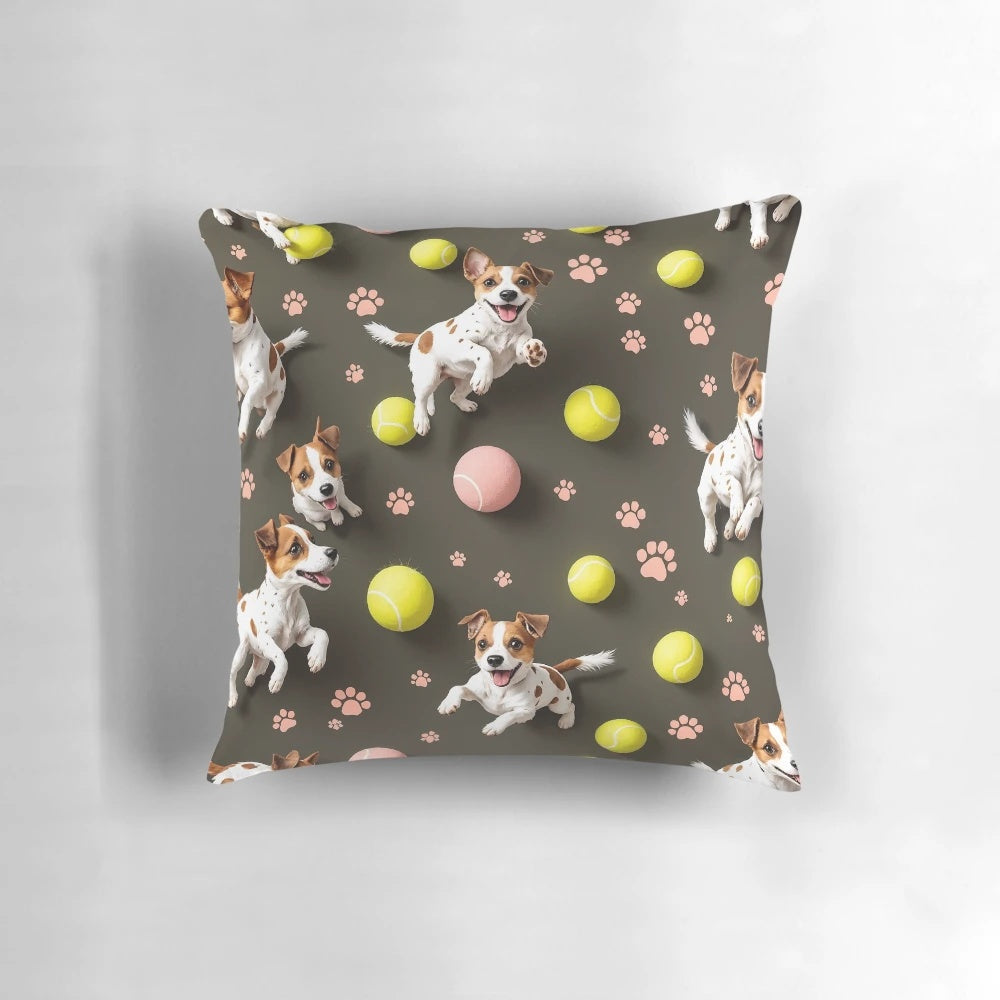 A pillow featuring a 3D pattern design with playful Jack Russell Terriers chasing tennis balls and surrounded by paw prints.