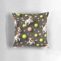 A pillow featuring a 3D pattern design with playful Jack Russell Terriers chasing tennis balls and surrounded by paw prints.