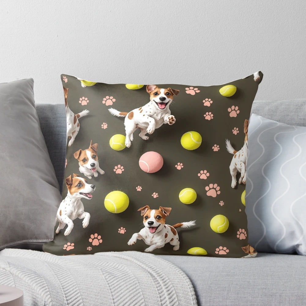 A pillow featuring a 3D pattern design with playful Jack Russell Terriers chasing tennis balls and surrounded by paw prints.