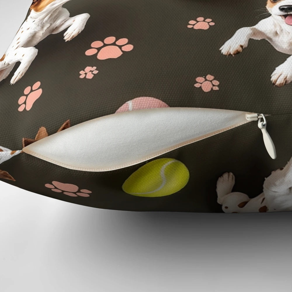A pillow featuring a 3D pattern design with playful Jack Russell Terriers chasing tennis balls and surrounded by paw prints.