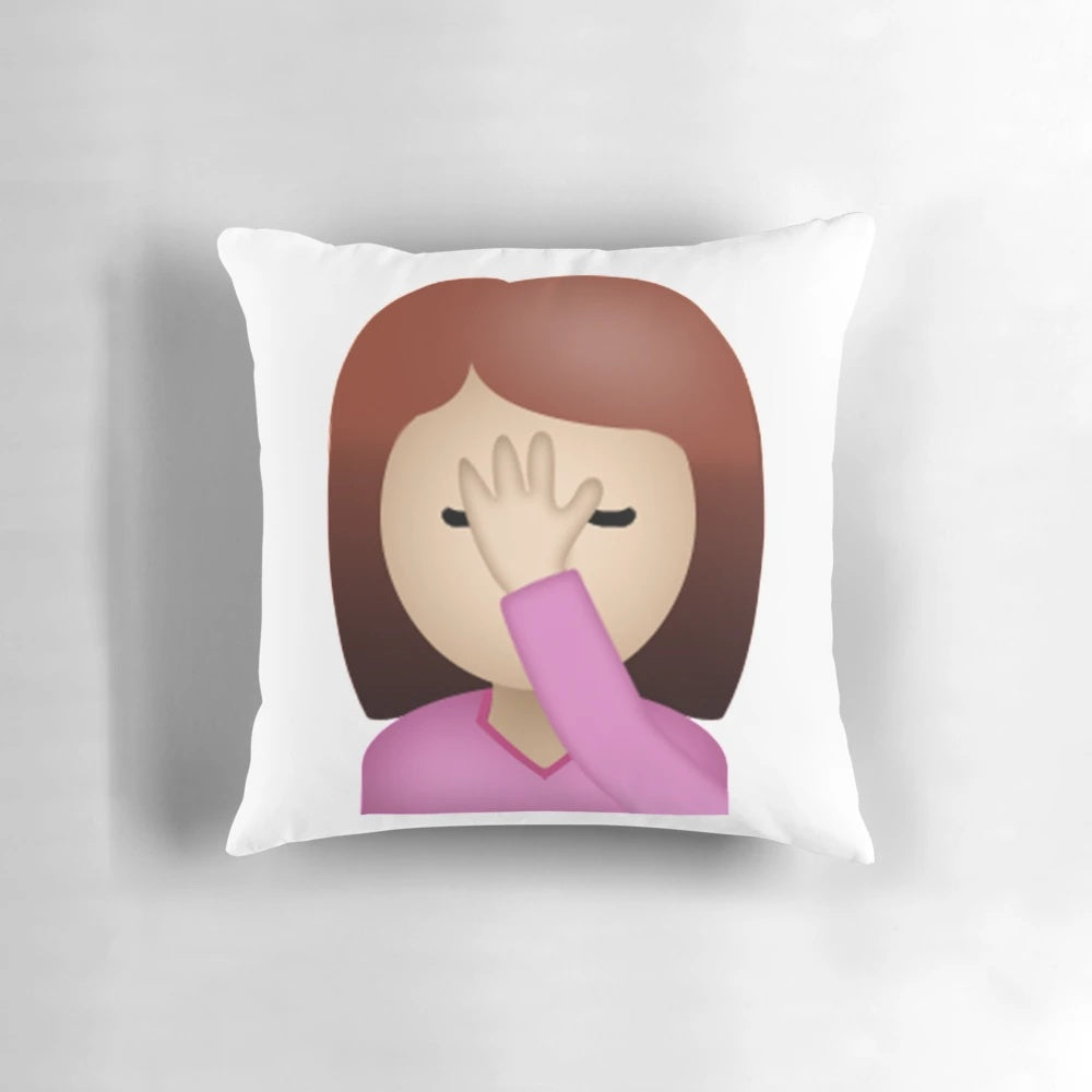 Soft, plush pillow featuring a stylized lady palm face emoji design