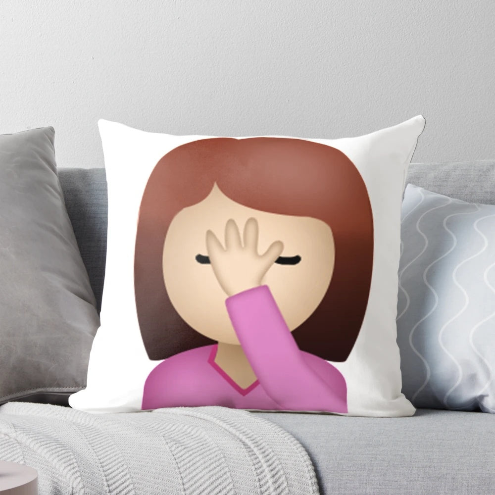 Soft, plush pillow featuring a stylized lady palm face emoji design