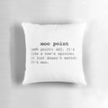 Cozy "Moot Point" themed decorative pillow with a playful, pop culture inspired design