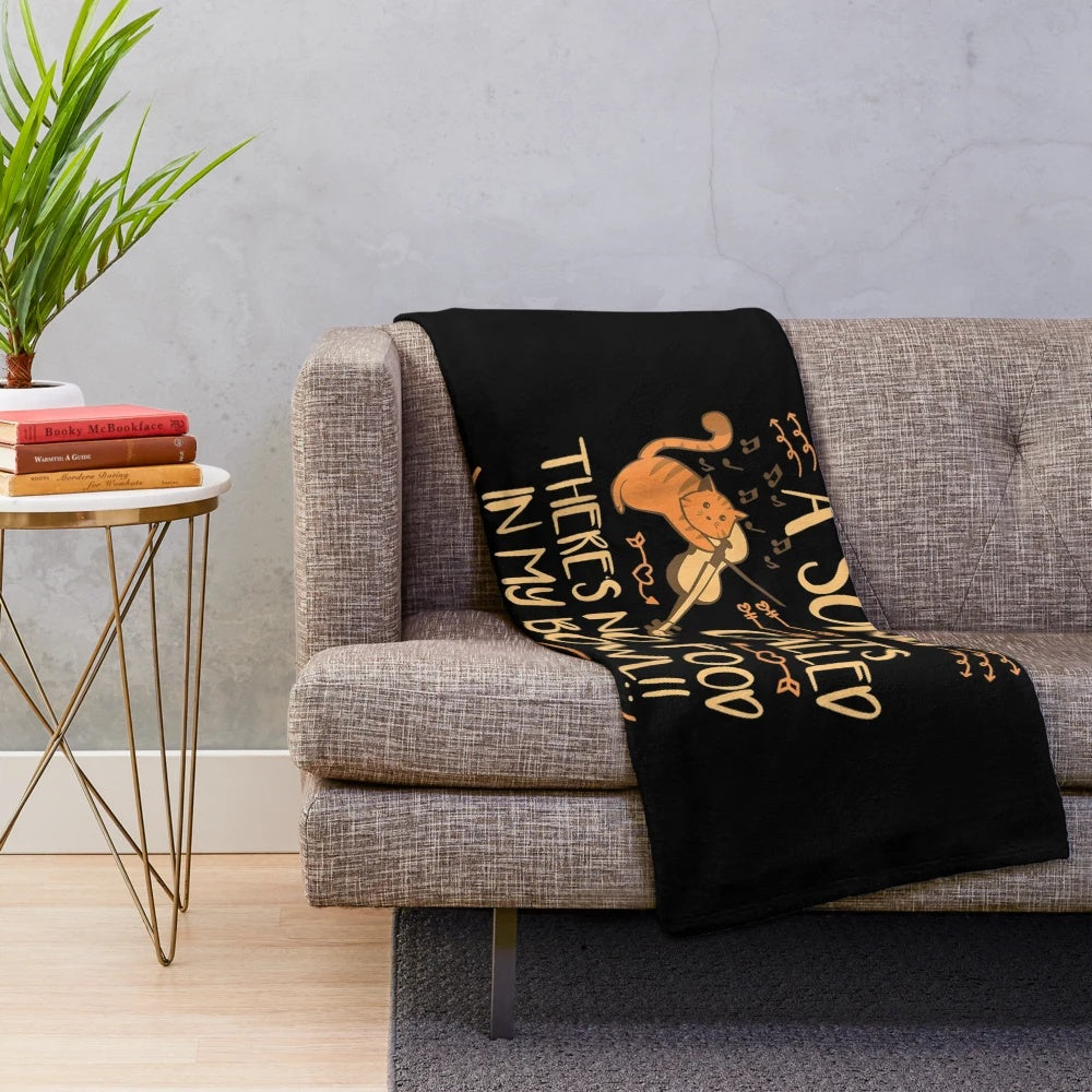 Funny music cat with violin playing a song on a plush blanket