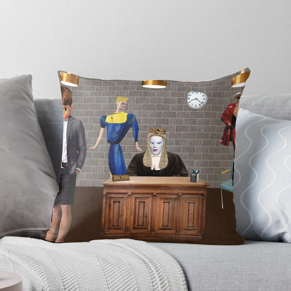 A colorful, collage-style decorative pillow featuring humorous office-themed elements like a vulture, cat, and dog.