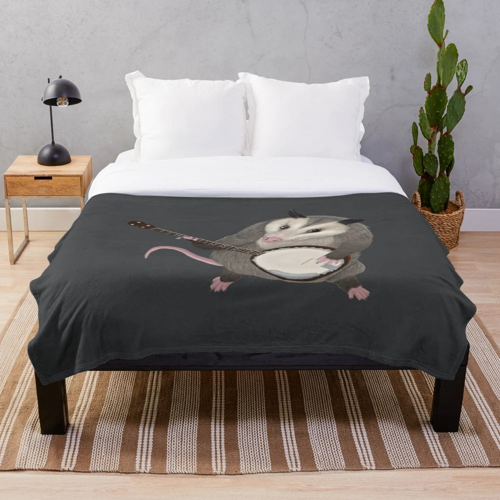 Opossum playing the banjo on a plush blanket
