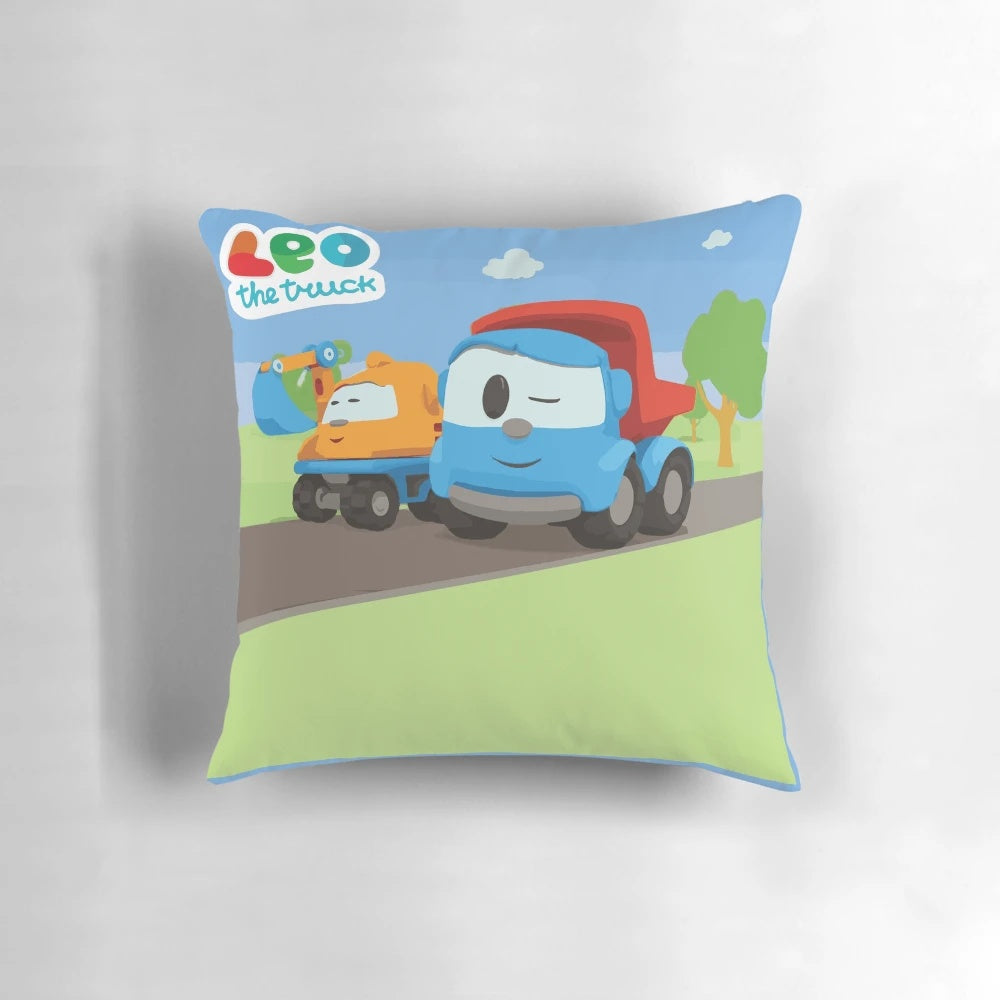 Plush pillow featuring cartoon characters of a truck named Leo and his friend