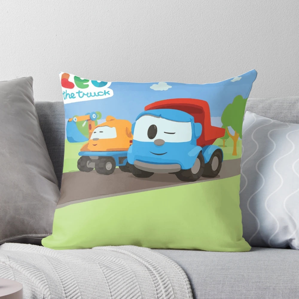 Plush pillow featuring cartoon characters of a truck named Leo and his friend