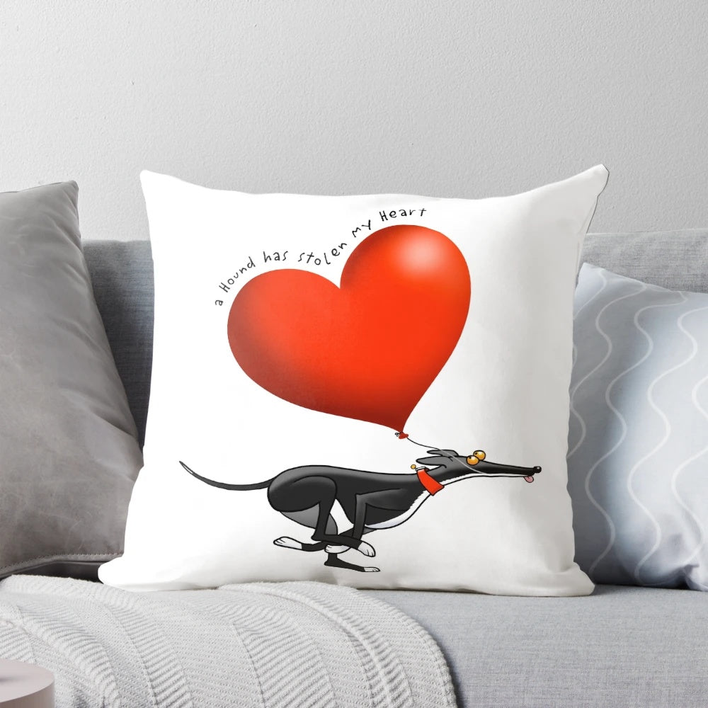 Charming black hound dog illustration on a heart-shaped throw pillow