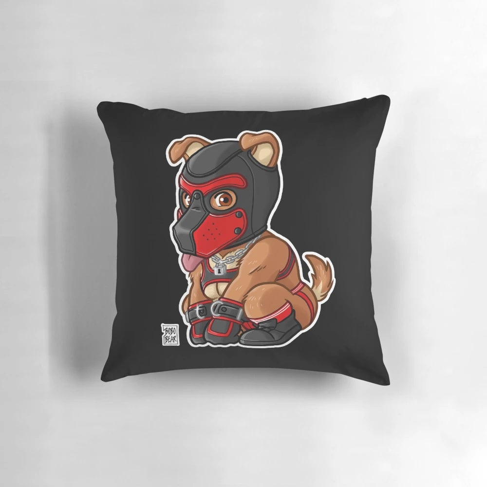 Colorful pillow with a playful puppy wearing a red mask, part of the Bearzoo Series of gay bear art