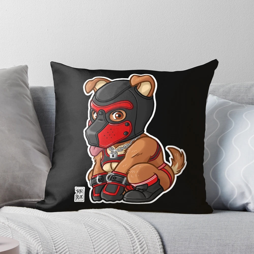 Colorful pillow with a playful puppy wearing a red mask, part of the Bearzoo Series of gay bear art