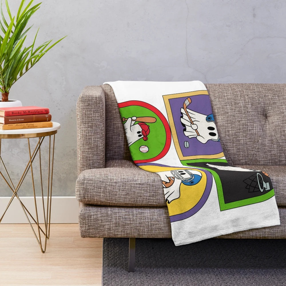 Retro ghost plush blanket featuring a cute ghost engaged in various sports activities