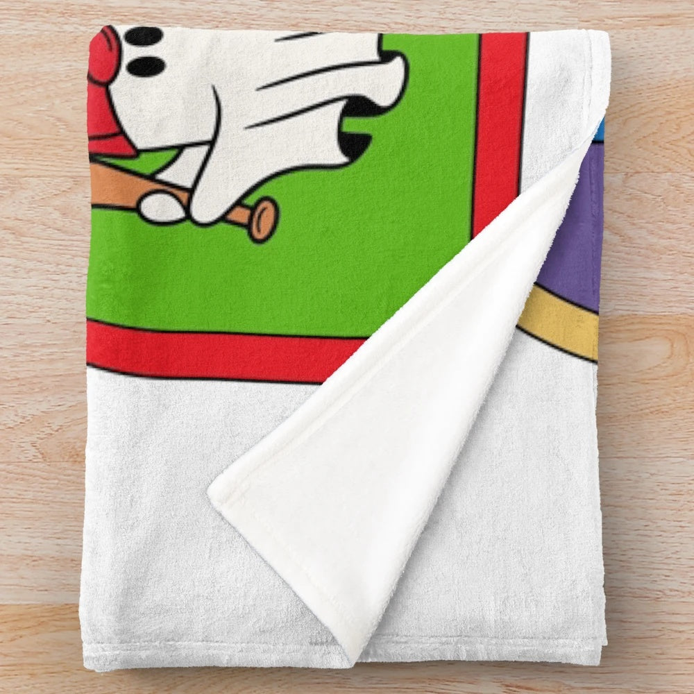 Retro ghost plush blanket featuring a cute ghost engaged in various sports activities