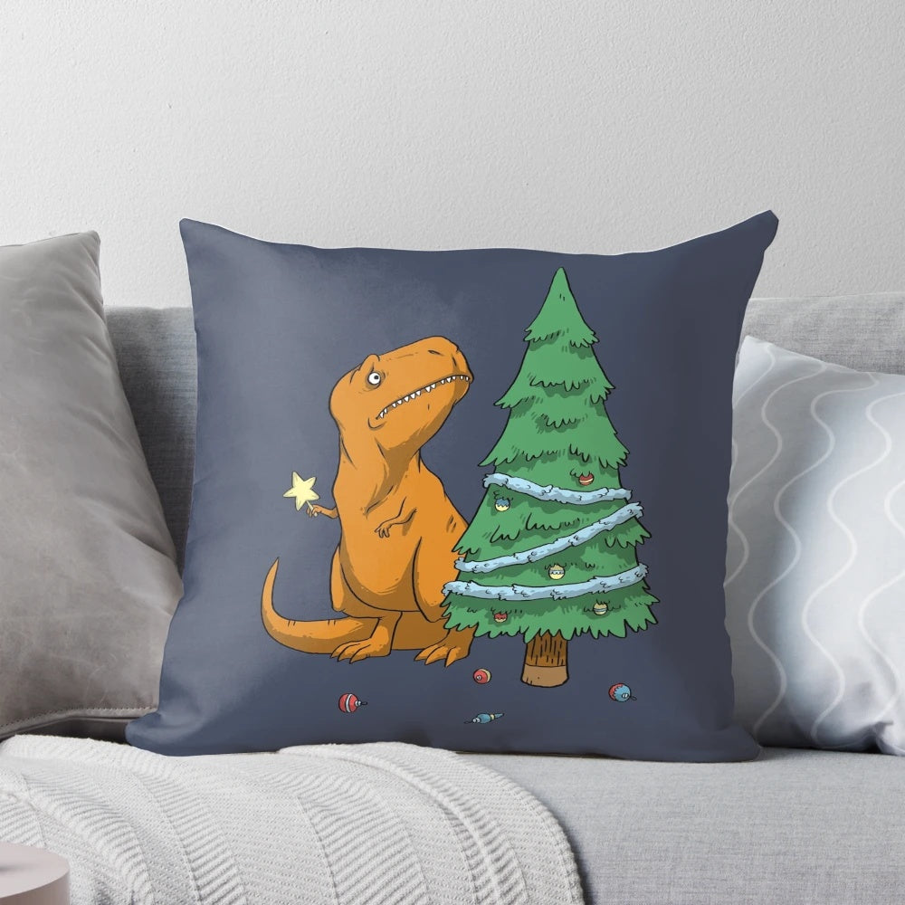 Plush T-Rex dinosaur pillow with tiny arms, perfect for adding a touch of humor to Christmas or winter home decor