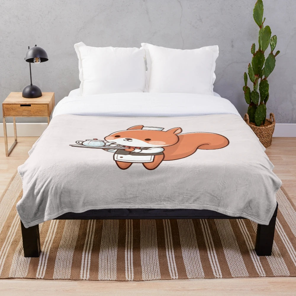 A cozy plush blanket featuring a whimsical squirrel in a waiter's uniform