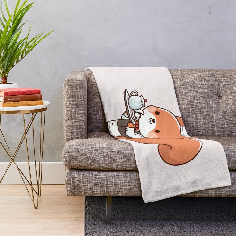 A cozy plush blanket featuring a whimsical squirrel in a waiter's uniform