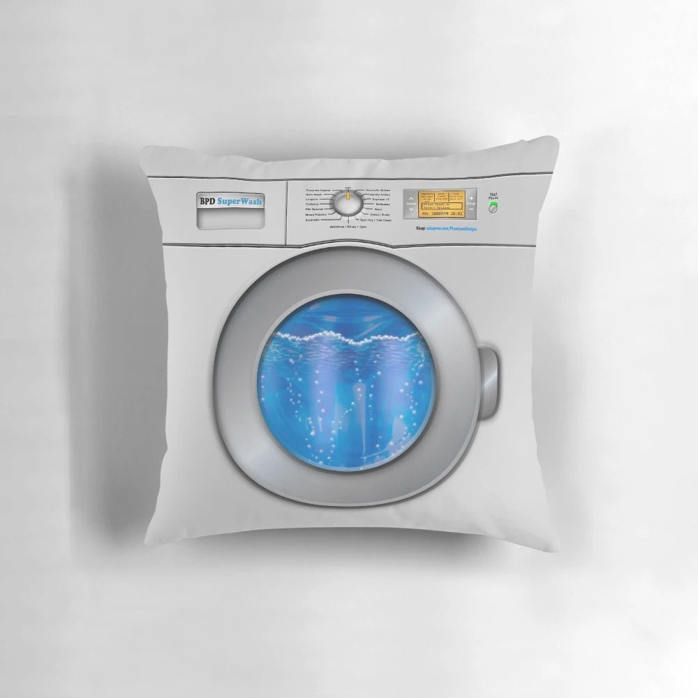 Washing machine-shaped pillow with a fun, whimsical design