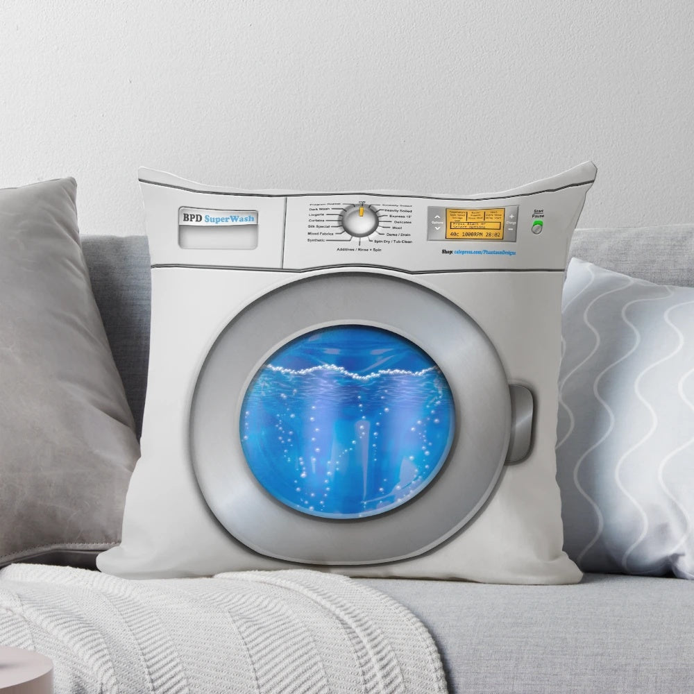 Washing machine-shaped pillow with a fun, whimsical design